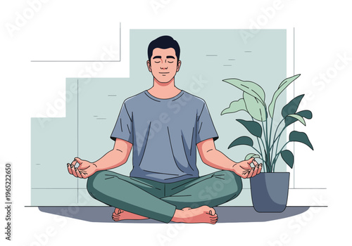 Modern illustration of man meditating calmly indoors, representing mindfulness, relaxation, emotional balance, and mental health improvement through meditation practice