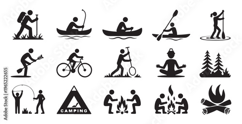 Camping and outdoor recreation icons set featuring hiking fishing cycling paddling yoga campfire and nature