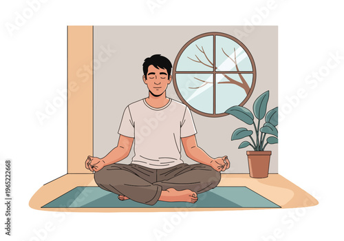 Modern illustration of man meditating calmly indoors, representing mindfulness, relaxation, emotional balance, and mental health improvement through meditation practice