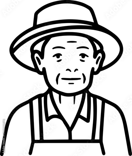 Hand Drawn Elderly Female Farmer Black and White Illustration in Minimal Solid Art Style Design