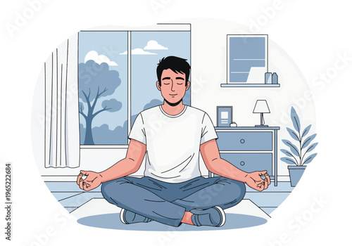Modern illustration of man meditating calmly indoors, representing mindfulness, relaxation, emotional balance, and mental health improvement through meditation practice