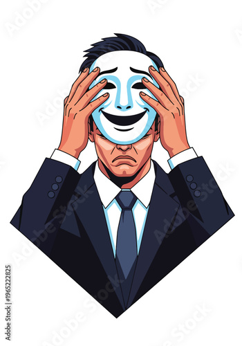 Modern illustration of businessman hiding sadness behind smiling mask, symbolizing emotional suppression, workplace stress, and hidden mental health struggles