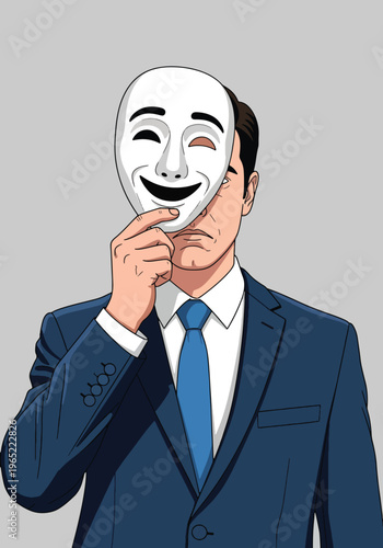 Modern illustration of businessman hiding sadness behind smiling mask, symbolizing emotional suppression, workplace stress, and hidden mental health struggles