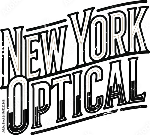 Vintage New York Optical logo, distressed typography, black and white vector graphic, eye care label