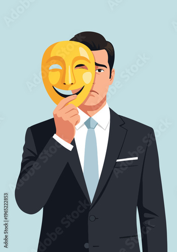 Modern illustration of businessman hiding sadness behind smiling mask, symbolizing emotional suppression, workplace stress, and hidden mental health struggles