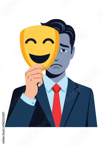 Modern illustration of businessman hiding sadness behind smiling mask, symbolizing emotional suppression, workplace stress, and hidden mental health struggles