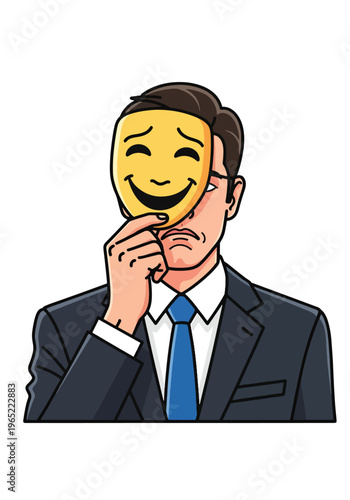 Modern illustration of businessman hiding sadness behind smiling mask, symbolizing emotional suppression, workplace stress, and hidden mental health struggles