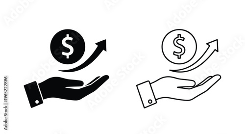 Business hand holding rising dollar sign - Minimalist, flat icon, outline, glyph, linear, clipart, sticker - icon set