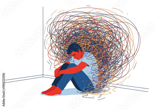 Modern illustration of overwhelmed man sitting with chaotic scribbles around him, symbolizing anxiety, overthinking, confusion, and mental health pressure