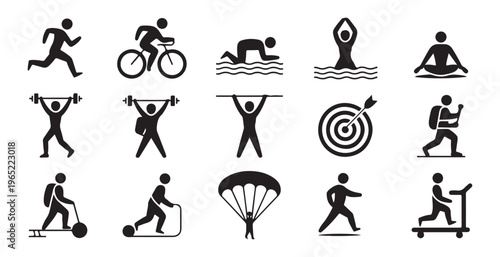 Sports and fitness icons running, cycling, swimming, yoga, weightlifting, archery, hiking, and more