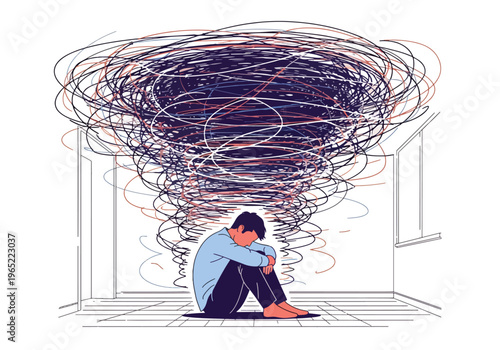 Modern illustration of overwhelmed man sitting with chaotic scribbles around him, symbolizing anxiety, overthinking, confusion, and mental health pressure