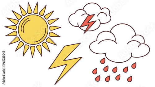 Weather icons, sunny, rainy, stormy symbols, climate forecast graphics