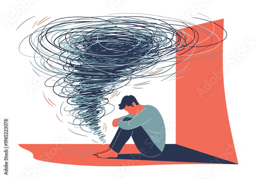 Modern illustration of overwhelmed man sitting with chaotic scribbles around him, symbolizing anxiety, overthinking, confusion, and mental health pressure
