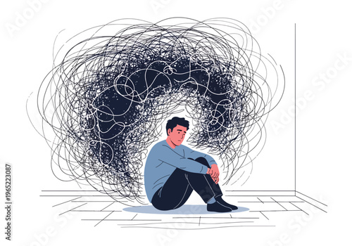 Modern illustration of overwhelmed man sitting with chaotic scribbles around him, symbolizing anxiety, overthinking, confusion, and mental health pressure