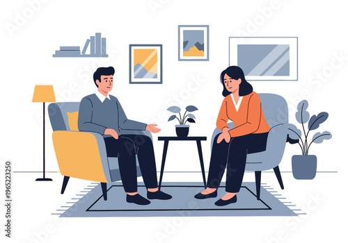 Modern illustration of man speaking with therapist in safe space, representing counseling, emotional support, recovery, and mental health awareness