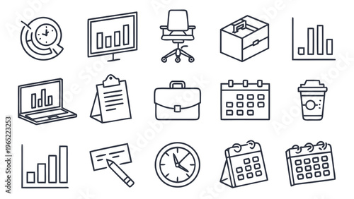 Business icons, office symbols, workflow graphics, productivity signs