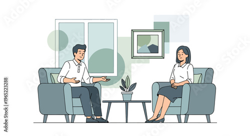 Modern illustration of man speaking with therapist in safe space, representing counseling, emotional support, recovery, and mental health awareness