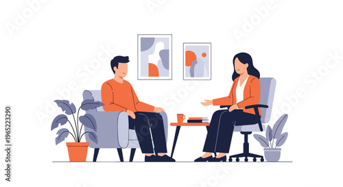 Modern illustration of man speaking with therapist in safe space, representing counseling, emotional support, recovery, and mental health awareness