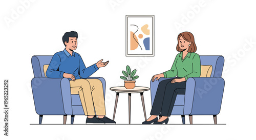 Modern illustration of man speaking with therapist in safe space, representing counseling, emotional support, recovery, and mental health awareness