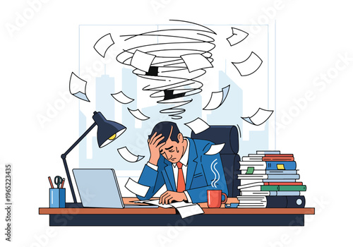 Modern illustration of exhausted man overwhelmed by work tasks, symbolizing burnout, job stress, fatigue, and mental health challenges in office environment