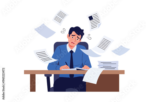 Modern illustration of exhausted man overwhelmed by work tasks, symbolizing burnout, job stress, fatigue, and mental health challenges in office environment