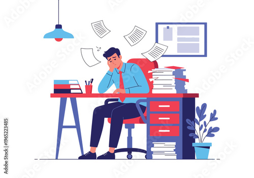 Modern illustration of exhausted man overwhelmed by work tasks, symbolizing burnout, job stress, fatigue, and mental health challenges in office environment