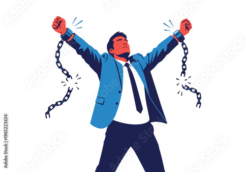 Modern illustration of man breaking chains, symbolizing freedom from depression, recovery, empowerment, and overcoming mental health struggles