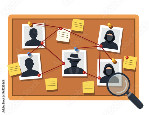 Detective investigation board with photos strings and notes