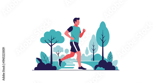 Modern illustration of man jogging in park, representing exercise for mental health, stress relief, emotional balance, and healthy lifestyle improvement