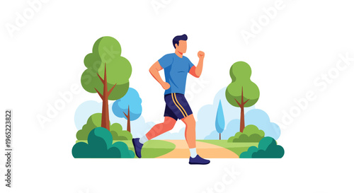 Modern illustration of man jogging in park, representing exercise for mental health, stress relief, emotional balance, and healthy lifestyle improvement