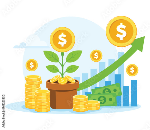 Financial growth concept with plant coins and arrow