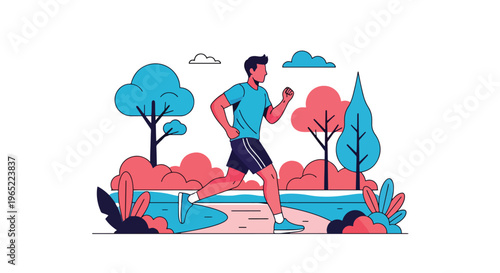 Modern illustration of man jogging in park, representing exercise for mental health, stress relief, emotional balance, and healthy lifestyle improvement
