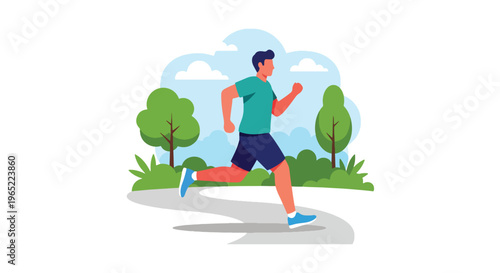 Modern illustration of man jogging in park, representing exercise for mental health, stress relief, emotional balance, and healthy lifestyle improvement