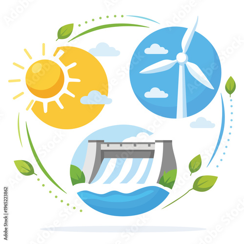 Renewable energy illustration with solar wind and hydro