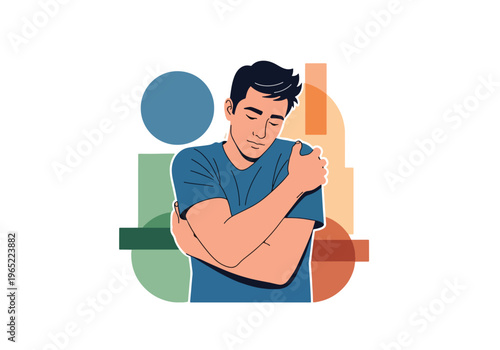 Modern illustration of man hugging himself, symbolizing self-love, emotional healing, inner care, and mental health awareness through self-acceptance