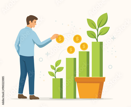 Investment growth illustration with person coins and plants