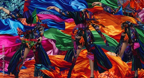 Dancers in flowing fabric colorful fashion design abstract artistic style