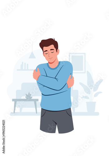 Modern illustration of man hugging himself, symbolizing self-love, emotional healing, inner care, and mental health awareness through self-acceptance