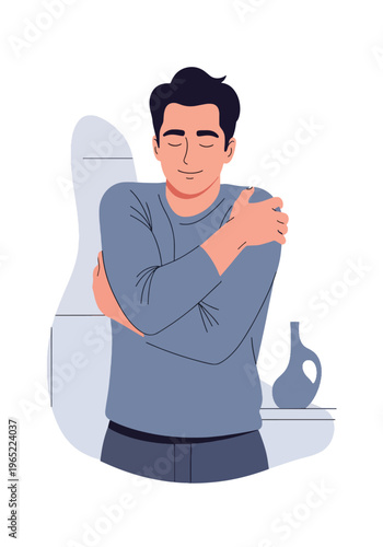 Modern illustration of man hugging himself, symbolizing self-love, emotional healing, inner care, and mental health awareness through self-acceptance