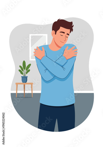 Modern illustration of man hugging himself, symbolizing self-love, emotional healing, inner care, and mental health awareness through self-acceptance