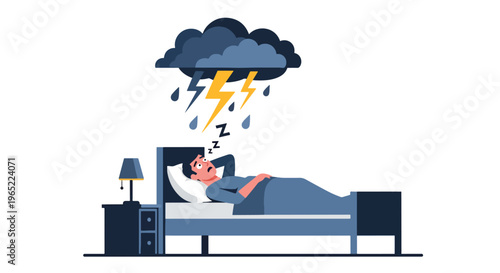 Modern illustration of man lying awake with floating thoughts, representing insomnia, anxiety, stress, and mental health challenges during nighttime