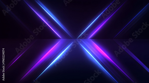 Glowing neon blue and purple geometric x pattern with symmetrical rays on dark abstract design