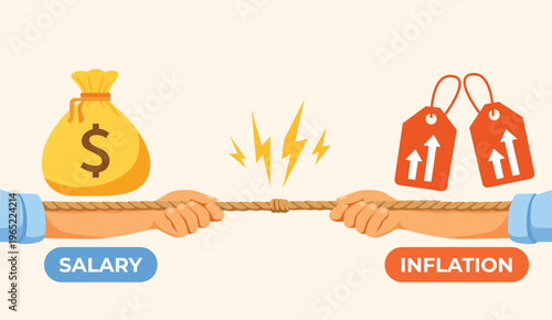 Salary versus inflation tug of war with money bag and price tags