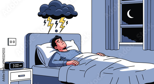 Modern illustration of man lying awake with floating thoughts, representing insomnia, anxiety, stress, and mental health challenges during nighttime