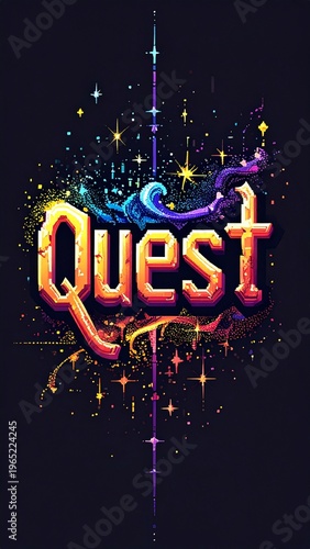 Pixel art, quest word on black background. Shiny lettering for games or fantasy projects