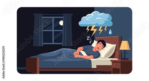 Modern illustration of man lying awake with floating thoughts, representing insomnia, anxiety, stress, and mental health challenges during nighttime
