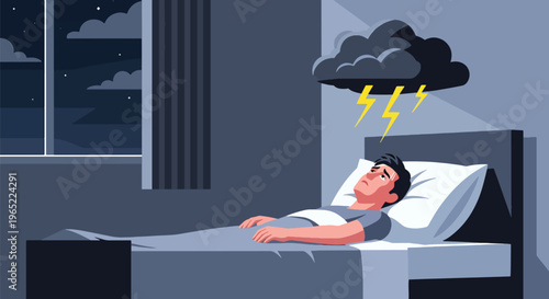 Modern illustration of man lying awake with floating thoughts, representing insomnia, anxiety, stress, and mental health challenges during nighttime
