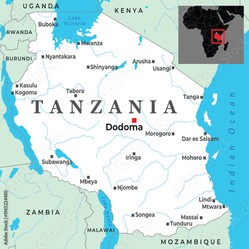 Tanzania political map with borders cities and Indian Ocean