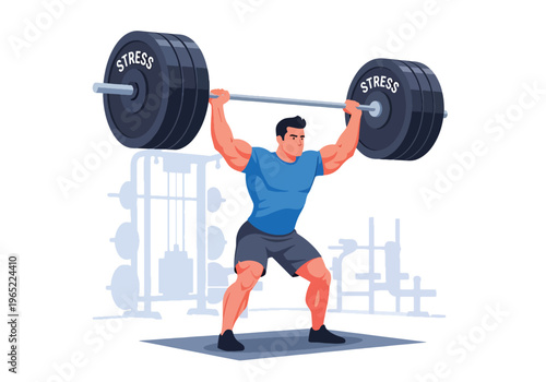 Modern illustration of man lifting heavy weight labeled stress, representing emotional burden, mental pressure, resilience, and strength in overcoming challenges