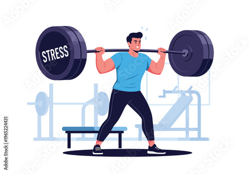 Modern illustration of man lifting heavy weight labeled stress, representing emotional burden, mental pressure, resilience, and strength in overcoming challenges